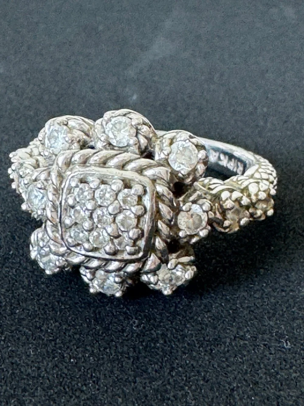 Judith Ripka 925 Sterling Silver CZ Square Cluster Cocktail Ring Size 8